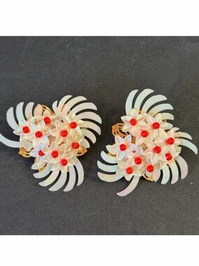 Vintage KRAMER? Spray Earrings Beaded White Red Retro MCM - FLAW READ